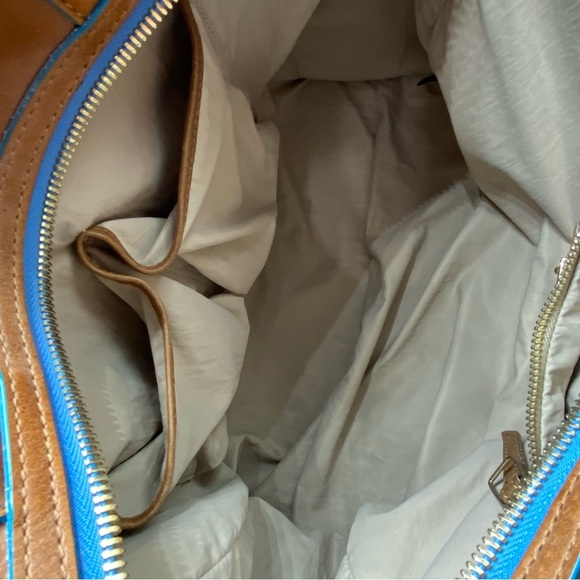 Olivia Harris tan leather tote shoulder bag subtle blue trim - Picture 12 of 12